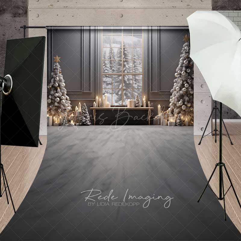 Lofaris Elegant Christmas Window Sweep Photo Backdrop Gray Room with Snowy View and Xmas Trees Holiday Studio Prop