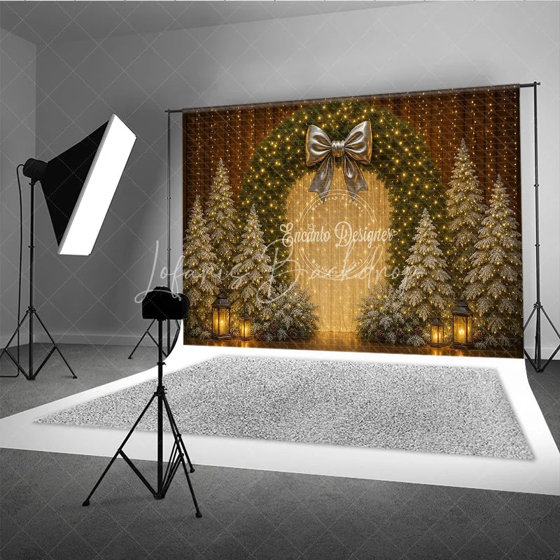 Lofaris Elegant Christmas Wreath Photography Backdrop Gold Bow with Flocked Trees Fairy Light Holiday Photo Background