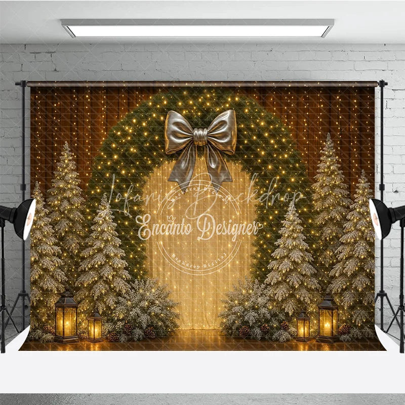 Lofaris Elegant Christmas Wreath Photography Backdrop Gold Bow with Flocked Trees Fairy Light Holiday Photo Background