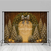 Lofaris Elegant Christmas Wreath Photography Backdrop Gold Bow with Flocked Trees Fairy Light Holiday Photo Background