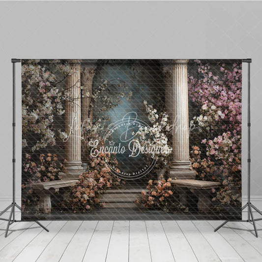 Lofaris Elegant Classical Garden Photography Backdrop with Roman Columns Flowering Pink and White Blossoms Stone Benches