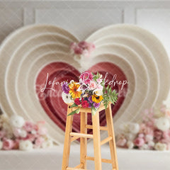Lofaris Elegant Cream and Red Layered Heart Photography Backdrop with Pink White Floral Decor for Valentine’s Day Wedding
