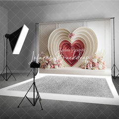 Lofaris Elegant Cream and Red Layered Heart Photography Backdrop with Pink White Floral Decor for Valentine’s Day Wedding