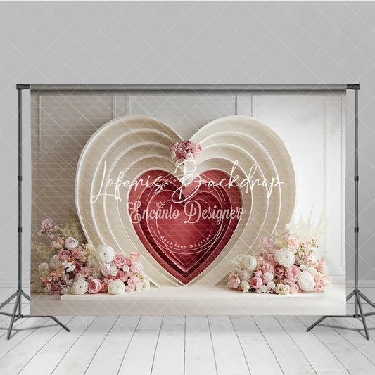 Lofaris Elegant Cream and Red Layered Heart Photography Backdrop with Pink White Floral Decor for Valentine’s Day Wedding