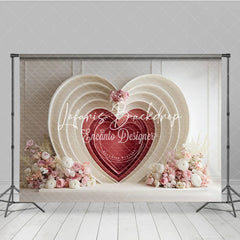 Lofaris Elegant Cream and Red Layered Heart Photography Backdrop with Pink White Floral Decor for Valentine’s Day Wedding