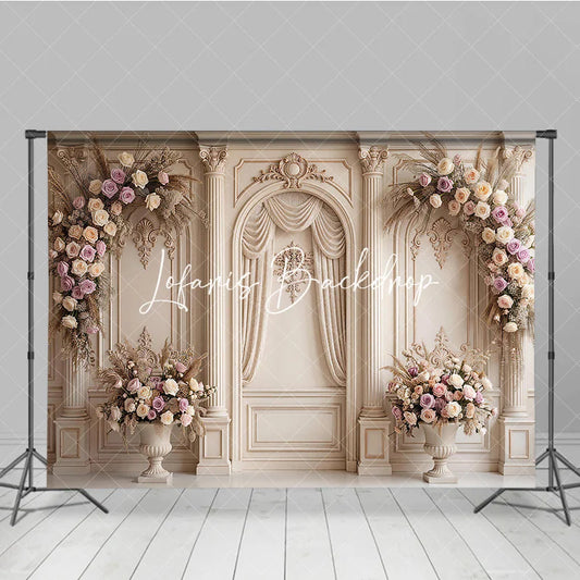 Lofaris Elegant Cream Classical Wall Photography Backdrop Ornate Columns and Pink Rose Floral Arrangements Wedding Party Decor