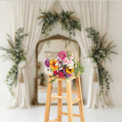 Lofaris Elegant Cream Curtain Photography Backdrop with Gold Mirror Lush Greenery and Boho Floral Decor