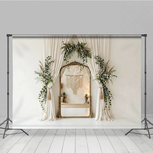 Lofaris Elegant Cream Curtain Photography Backdrop with Gold Mirror Lush Greenery and Boho Floral Decor