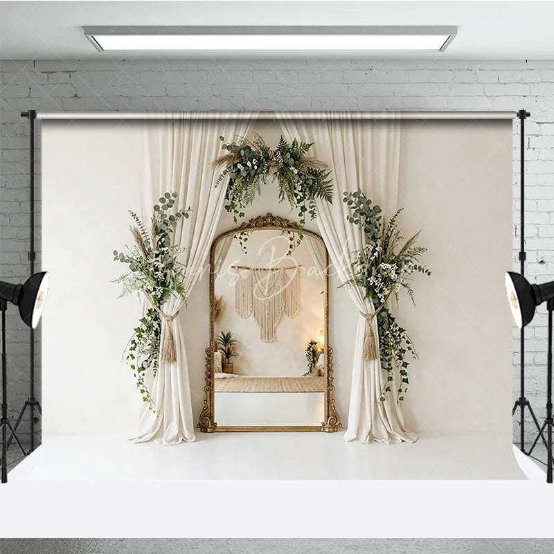 Lofaris Elegant Cream Curtain Photography Backdrop with Gold Mirror Lush Greenery and Boho Floral Decor