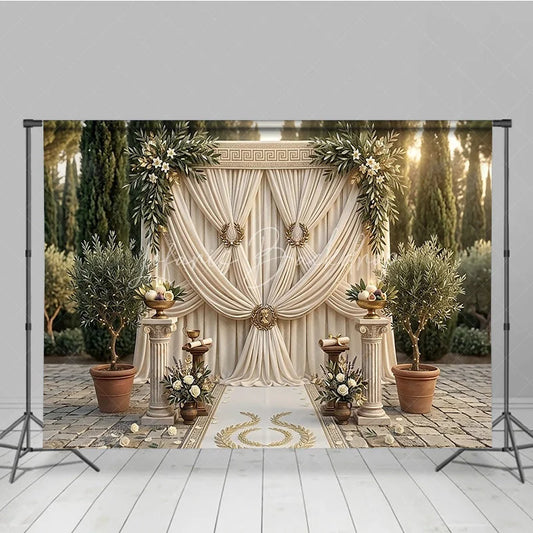 Lofaris Elegant Cream Draped Photography Backdrop with Gold Greek Key and Olive Branch Garlands Wedding Ceremony Decor