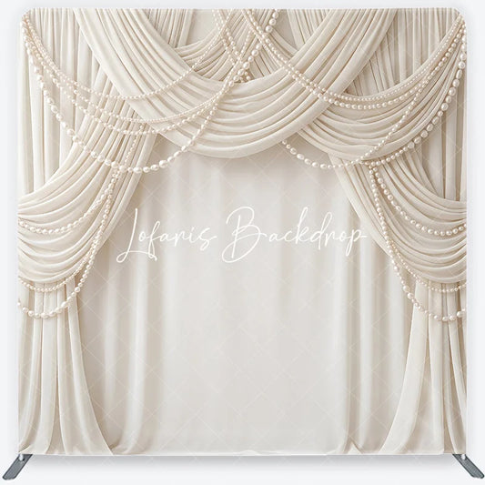 Lofaris Elegant Cream Fabric Drapes with Pearl Strings Square Double-Sided Backdrop Luxury Wedding and Event Decor