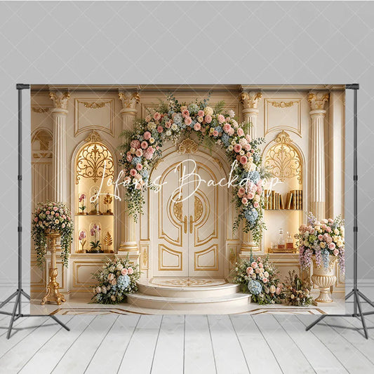Lofaris Elegant Cream Gold Ornate Double Door Photography Backdrop with Pastel Floral Arch Luxurious Wedding Celebration Decor