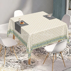 Lofaris Elegant Cream Rectangle Tablecloth with Golden Dot Pattern and Green Floral Border for Dining Decor