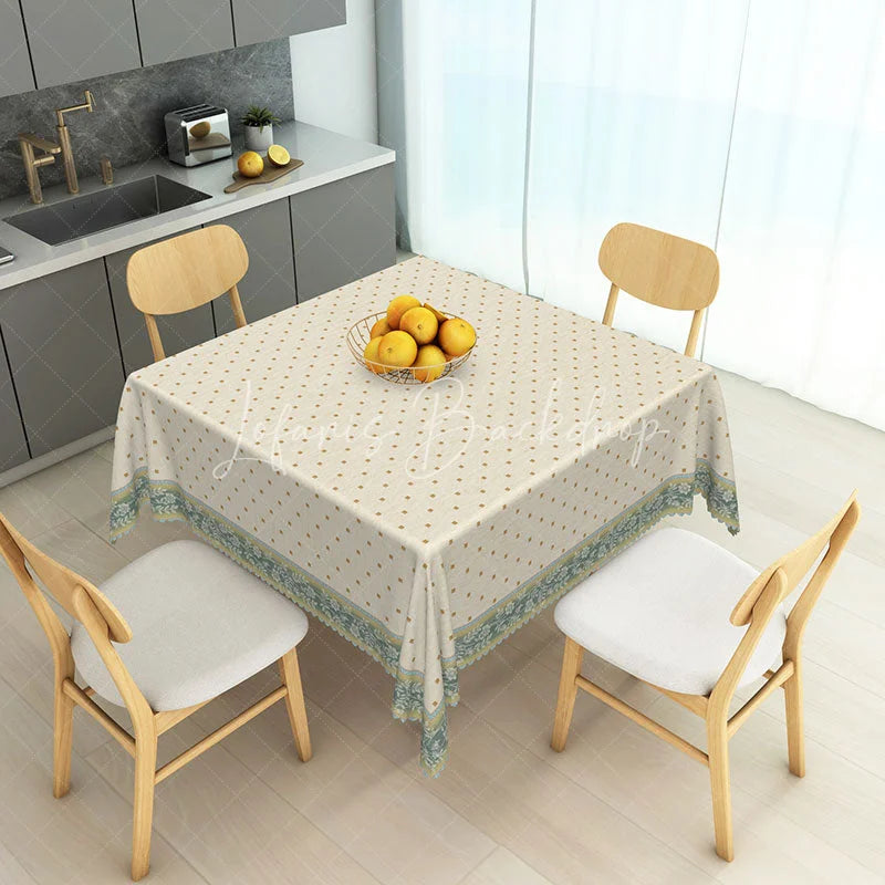 Lofaris Elegant Cream Rectangle Tablecloth with Golden Dot Pattern and Green Floral Border for Dining Decor