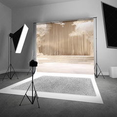 Lofaris Elegant Cream Stage Photography Backdrop Dreamy Wedding or Recital Scenery with White Trees and Curtains
