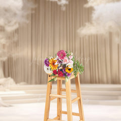 Lofaris Elegant Cream Stage Photography Backdrop Dreamy Wedding or Recital Scenery with White Trees and Curtains