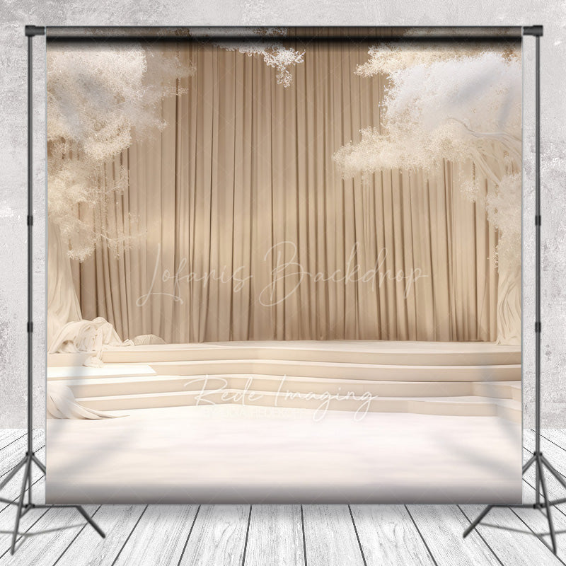 Lofaris Elegant Cream Stage Photography Backdrop Dreamy Wedding or Recital Scenery with White Trees and Curtains