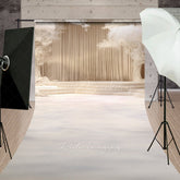 Lofaris Elegant Cream Stage Sweep Photo Backdrop Dreamy Wedding or Recital Scenery with White Trees and Curtains
