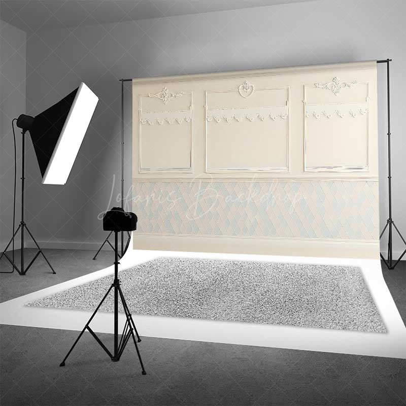 Lofaris Elegant Cream Wall Photography Backdrop Classic Molding with Blue and White Diamond Pattern Vintage Room Interior