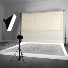 Lofaris Elegant Cream Wall Photography Backdrop Classic Molding with Blue and White Diamond Pattern Vintage Room Interior