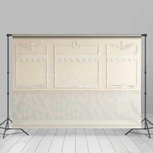Lofaris Elegant Cream Wall Photography Backdrop Classic Molding with Blue and White Diamond Pattern Vintage Room Interior