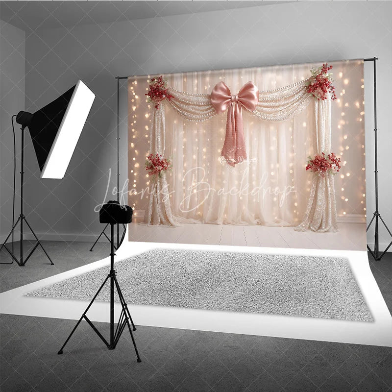 Lofaris Elegant Curtain Photography Backdrop with Pink Bow and Pearls Fairytale Wedding Bridal Shower Photo Booth
