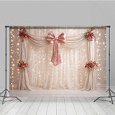 Lofaris Elegant Curtain Photography Backdrop with Pink Bow and Pearls Fairytale Wedding Bridal Shower Photo Booth