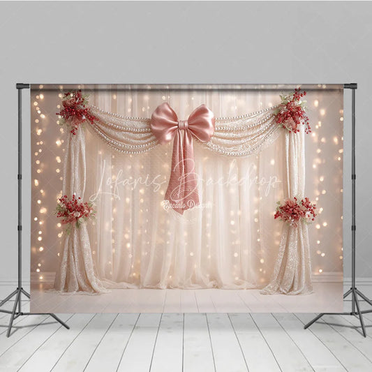 Lofaris Elegant Curtain Photography Backdrop with Pink Bow and Pearls Fairytale Wedding Bridal Shower Photo Booth