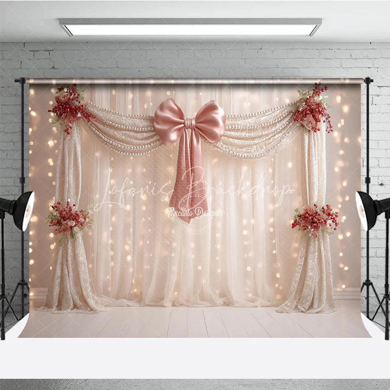 Lofaris Elegant Curtain Photography Backdrop with Pink Bow and Pearls Fairytale Wedding Bridal Shower Photo Booth