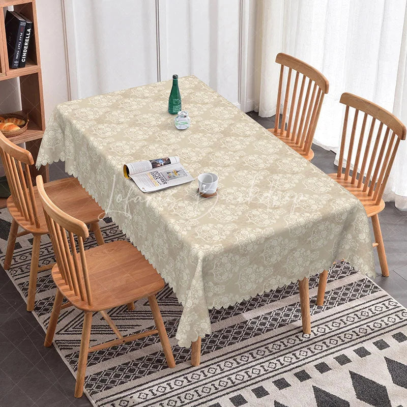 Lofaris Elegant Damask Rectangle Tablecloth Beige and White Minimalist Pattern Neutral Farmhouse Kitchen Decor
