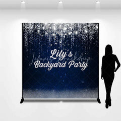 Lofaris Elegant Dark Blue Silver Glitter Personalized Custom Backdrop with String Lights Party Celebration Decor