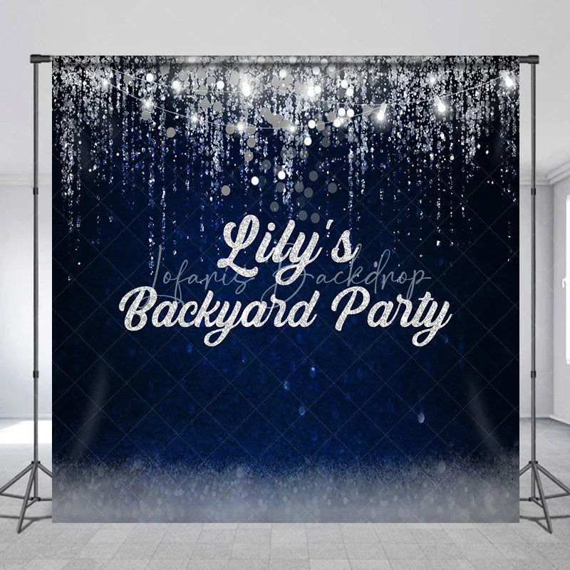 Lofaris Elegant Dark Blue Silver Glitter Personalized Custom Backdrop with String Lights Party Celebration Decor