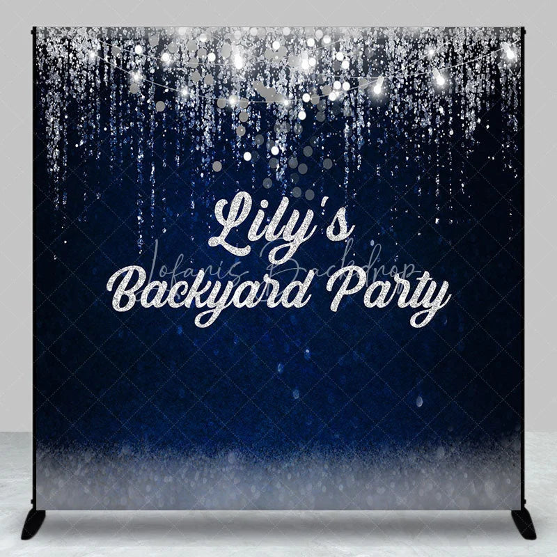 Lofaris Elegant Dark Blue Silver Glitter Personalized Custom Backdrop with String Lights Party Celebration Decor