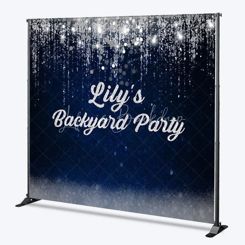 Lofaris Elegant Dark Blue Silver Glitter Personalized Custom Backdrop with String Lights Party Celebration Decor