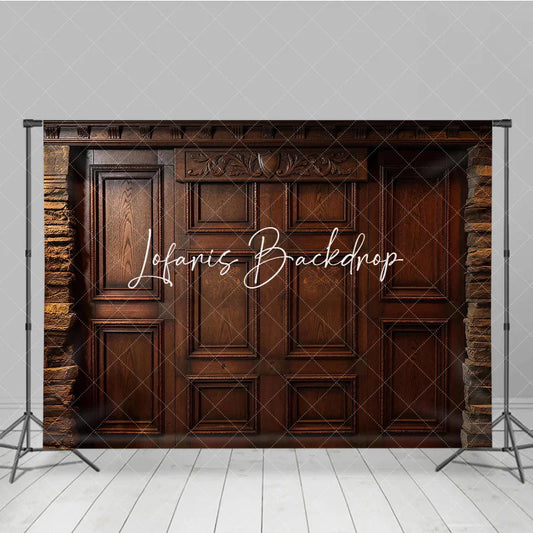 Lofaris Elegant Dark Brown Wood Carved Panel Photography Backdrop with Rustic Stone Wall Detail Vintage Style Decor