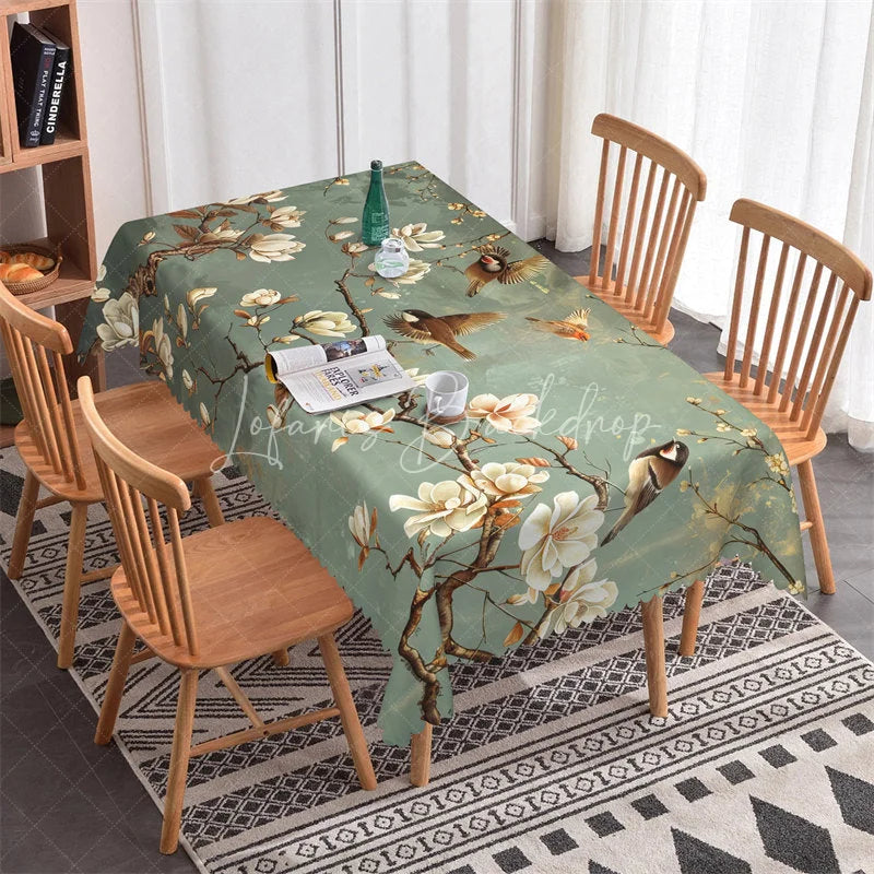 Lofaris Elegant Dark Green Rectangle Tablecloth with Magnolia Flowers and Birds Scalloped Edge Dining Decor