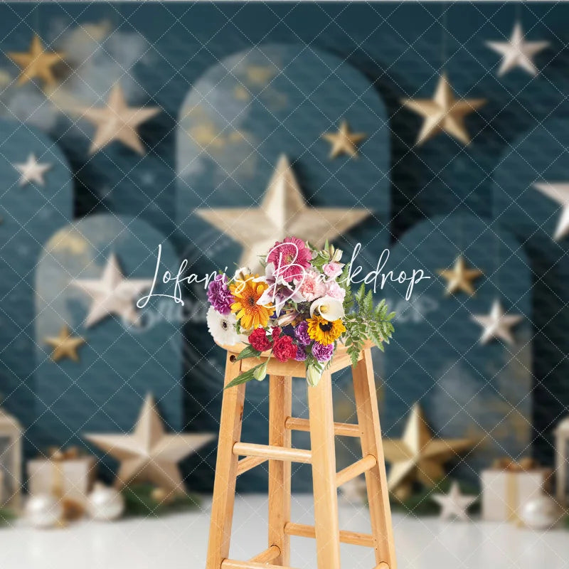 Lofaris Elegant Dark Teal Holiday Backdrop with Christmas Trees Gold and Silver Stars Festive Lanterns Gift Boxes.
