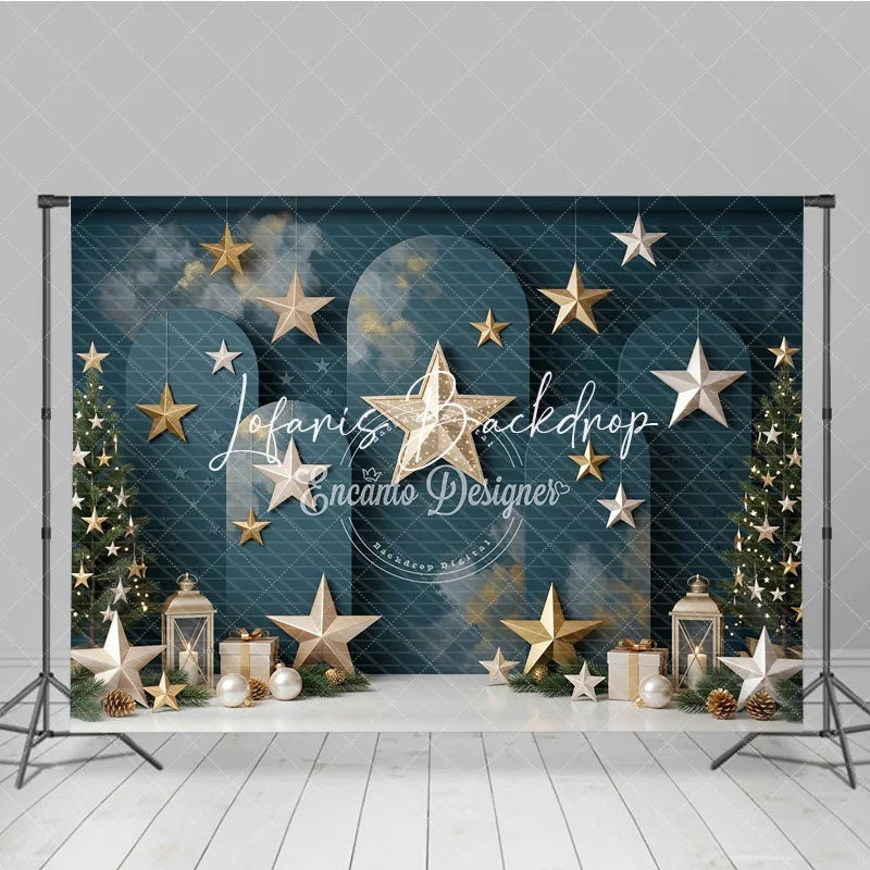 Lofaris Elegant Dark Teal Holiday Backdrop with Christmas Trees Gold and Silver Stars Festive Lanterns Gift Boxes.