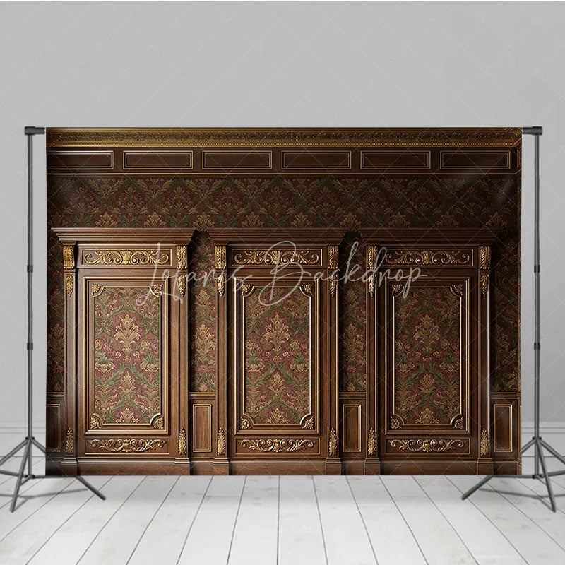 Lofaris Elegant Dark Wood Gold Ornate Damask Photography Backdrop Classic Red Green Pattern Wall Decor for Portraits