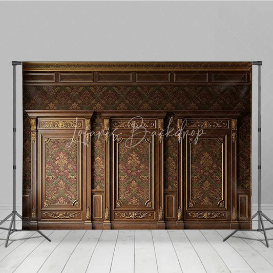 Lofaris Elegant Dark Wood Gold Ornate Damask Photography Backdrop Classic Red Green Pattern Wall Decor for Portraits