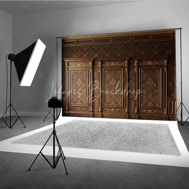 Lofaris Elegant Dark Wood Gold Ornate Damask Photography Backdrop Classic Red Green Pattern Wall Decor for Portraits