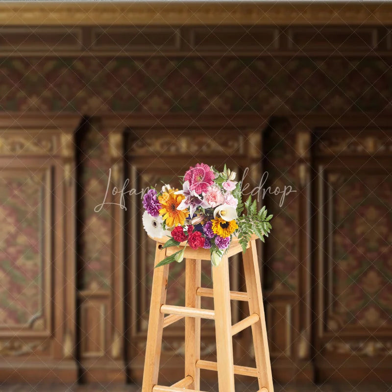 Lofaris Elegant Dark Wood Gold Ornate Damask Photography Backdrop Classic Red Green Pattern Wall Decor for Portraits