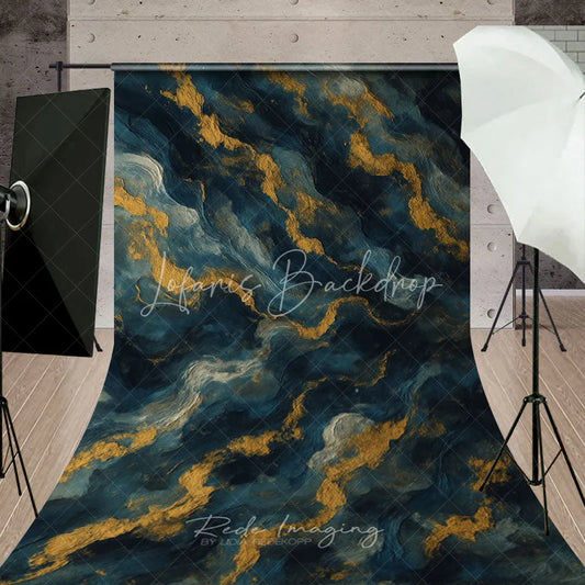 Lofaris Elegant Deep Blue and Gold Abstract Textured Wavy Sweep Backdrop Artistic Photography Studio Prop