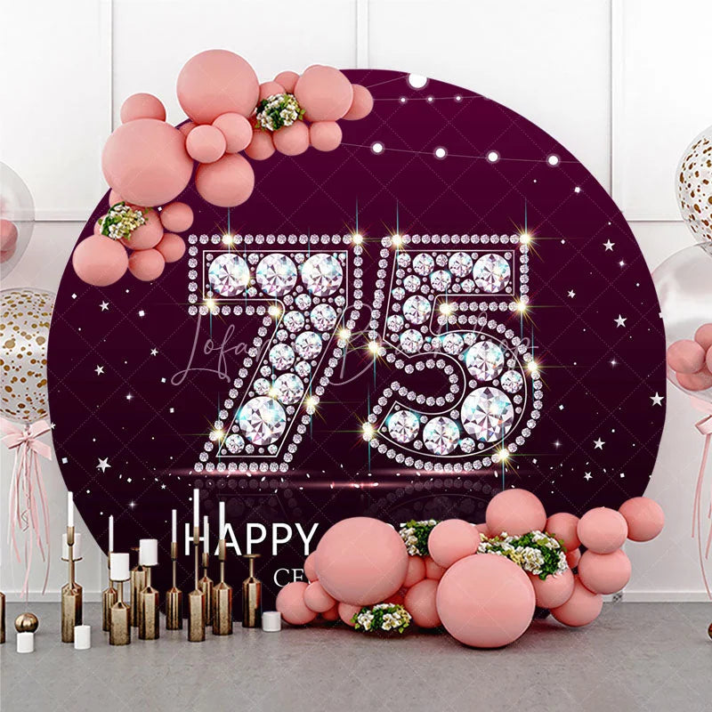 Lofaris Elegant Diamond 75th Birthday Round Backdrop Sparkling Purple Happy Celebration Decor