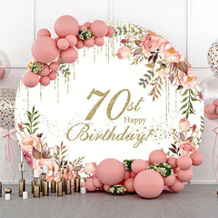 Lofaris Elegant Floral 70th Happy Birthday Round Backdrop Gold Glitter and Pink Rose Party Decor