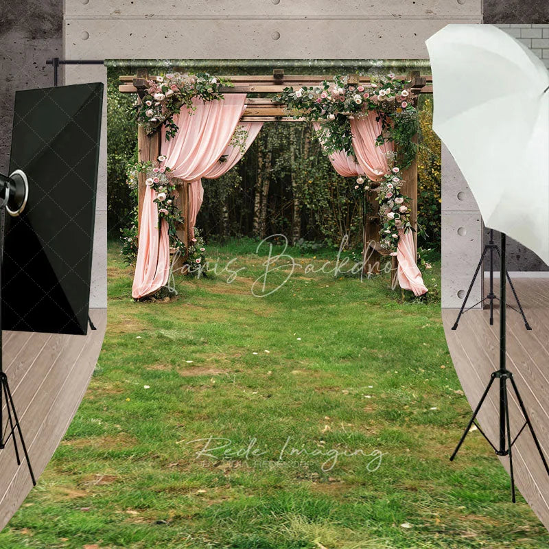 Lofaris Elegant Floral Arch Backdrop Pink Draped Curtains and Garden Gazebo Romantic Wedding Ceremony Scene