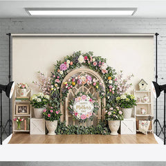 Lofaris Elegant Floral Arch Photography Backdrop with Happy Mother’s Day Sign Spring Pastel Flowers and Wooden Lattice Decor
