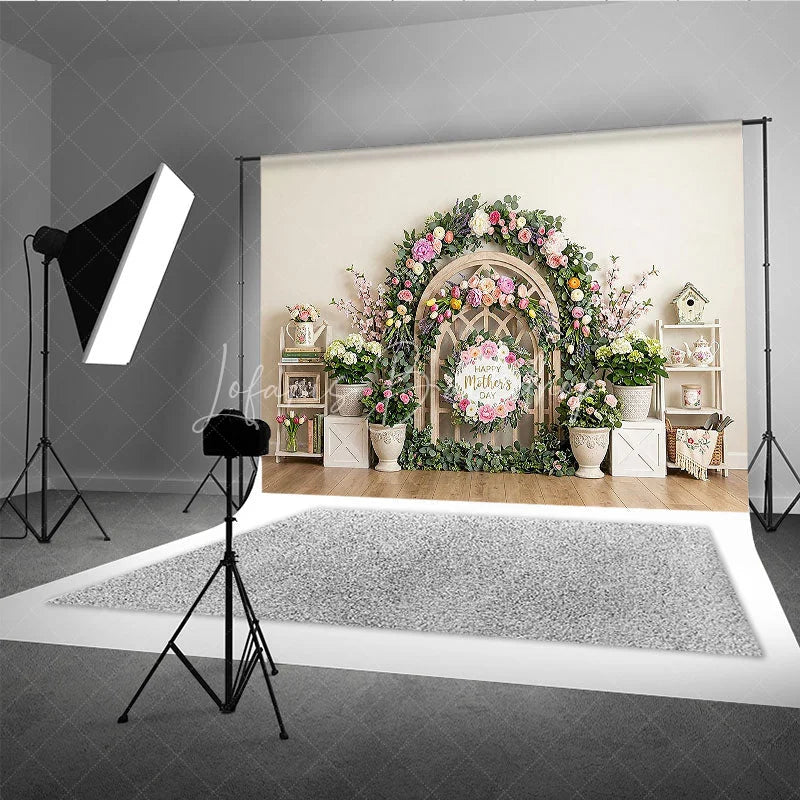 Lofaris Elegant Floral Arch Photography Backdrop with Happy Mother’s Day Sign Spring Pastel Flowers and Wooden Lattice Decor