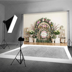 Lofaris Elegant Floral Arch Photography Backdrop with Happy Mother’s Day Sign Spring Pastel Flowers and Wooden Lattice Decor