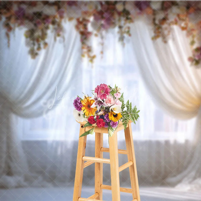 Lofaris Elegant Floral Arch Window Photography Backdrop Romantic Sheer Curtain and White Brick Wall Decor for Portraits